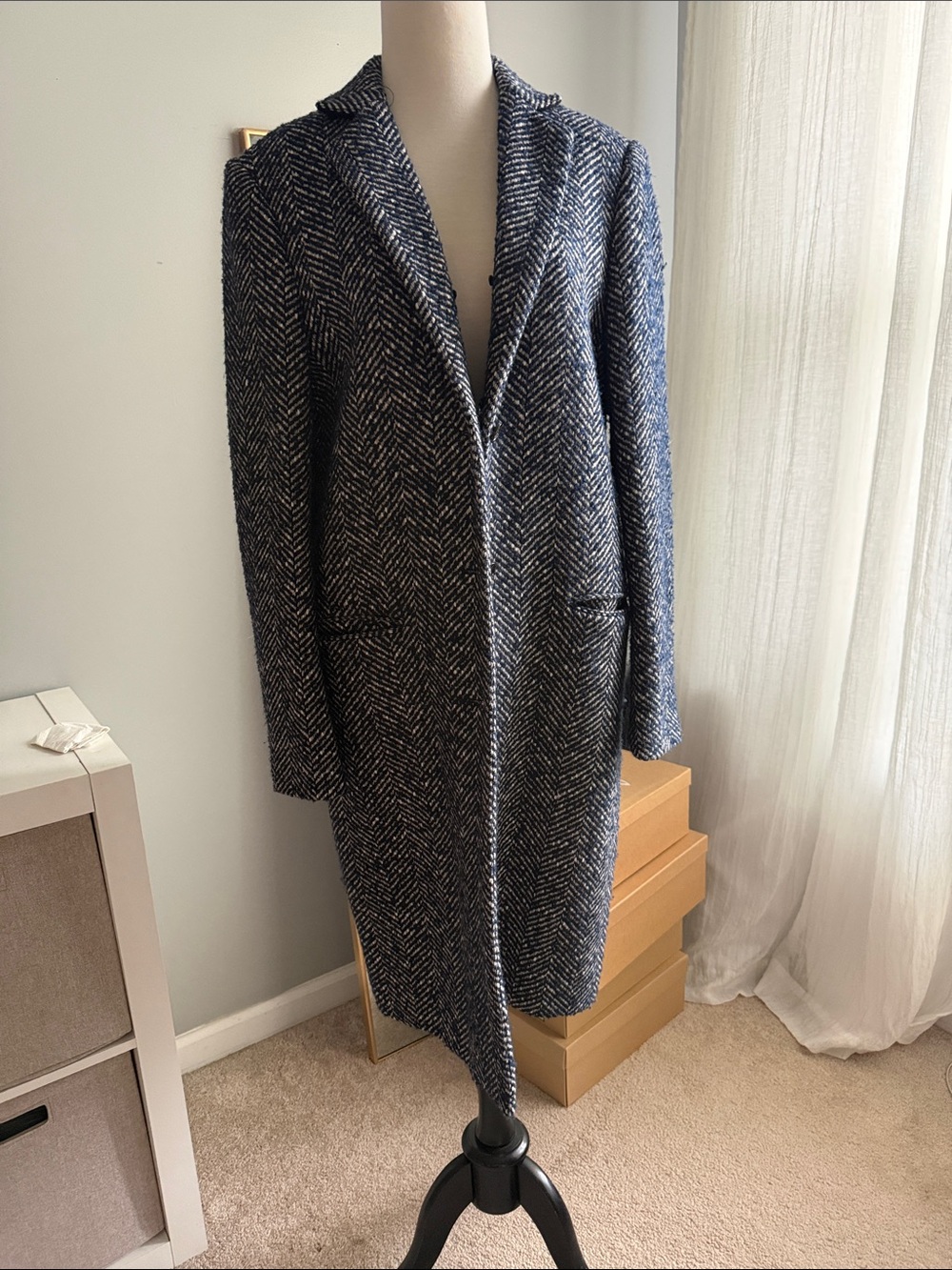 Tailored Navy Herringbone Long Trench Coat